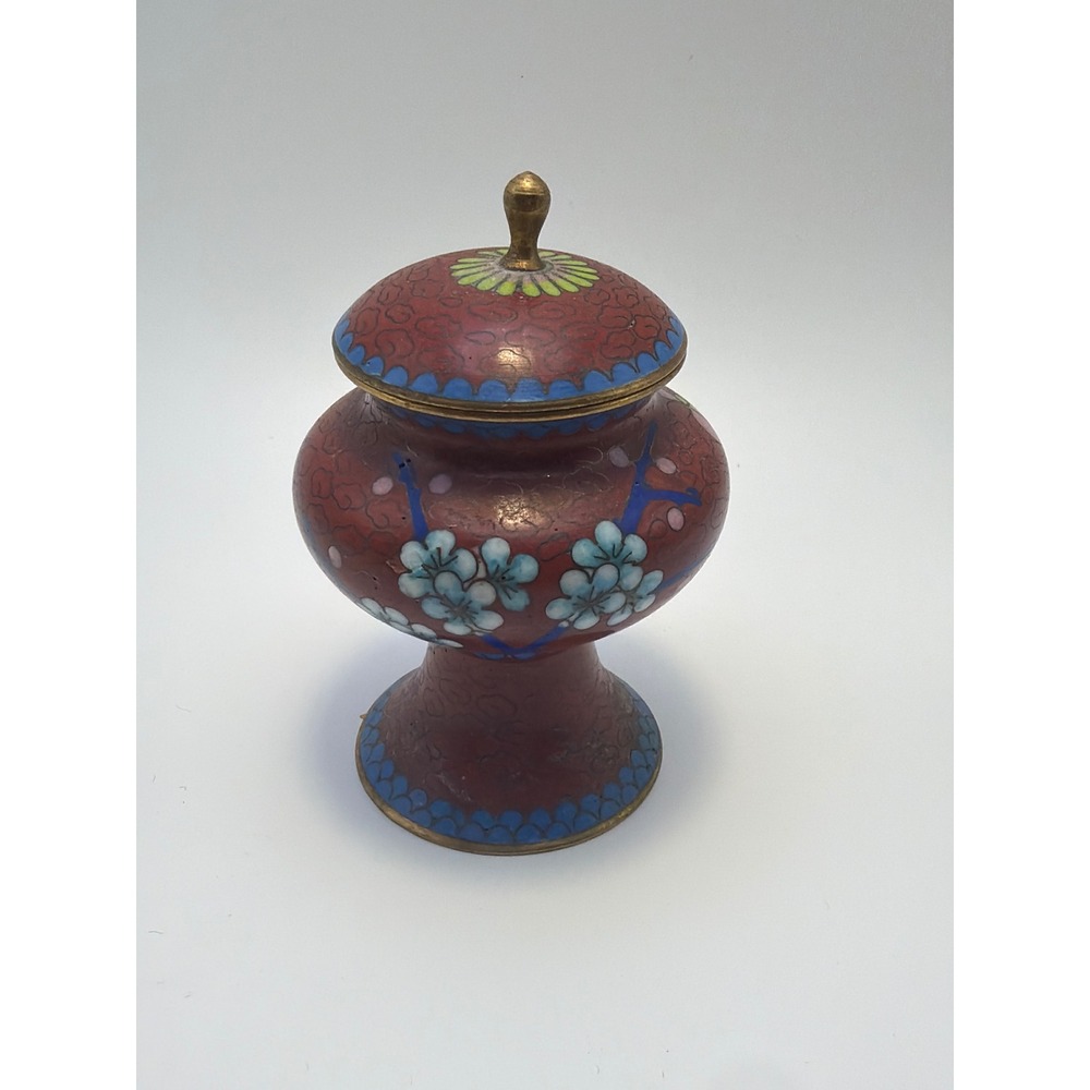 VTG Chinese Cloisonne Ginger Jar Red Cherry Blossom Miniature Urn Brass 3.25in